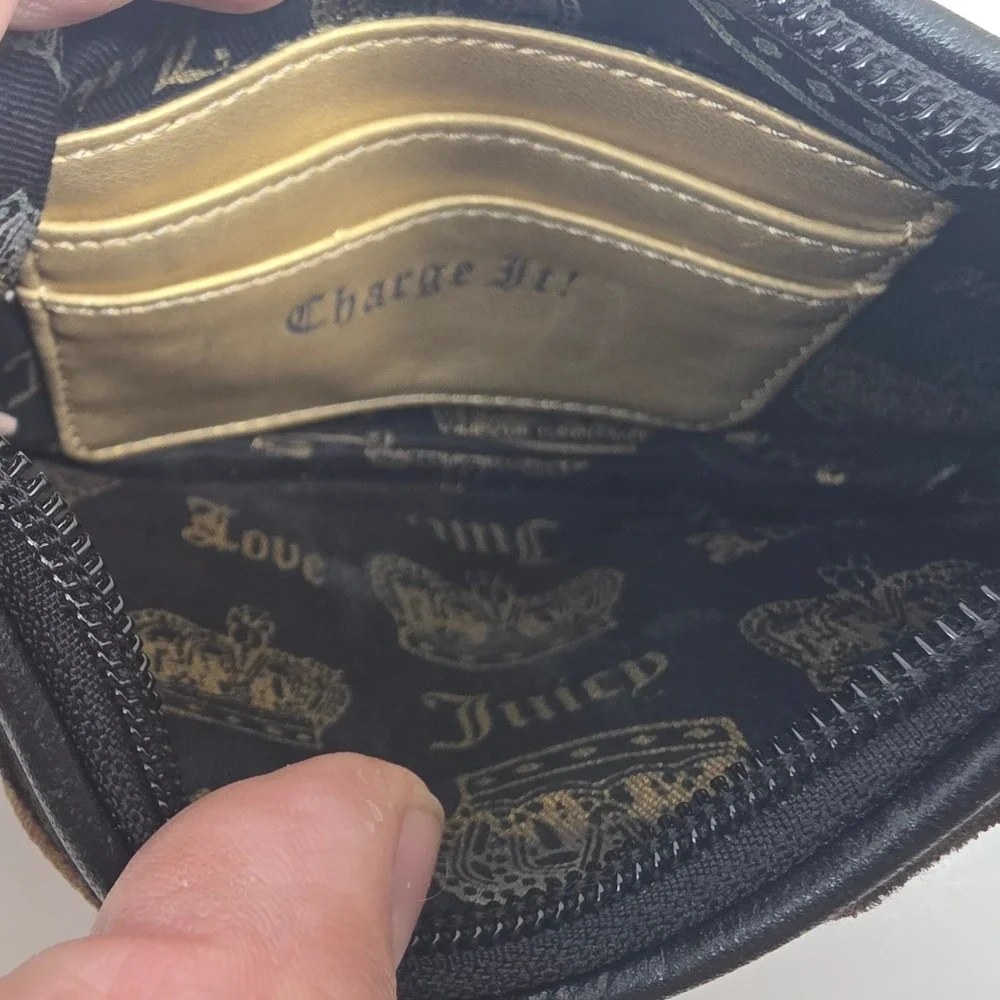 Juicy Couture Black Velour Wristlet Pouch Leather Trim Gold Logo Y2K Bag
